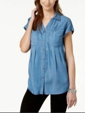 Style & Co. Light Blue Denim Button-Front Short Sleeve Shirt